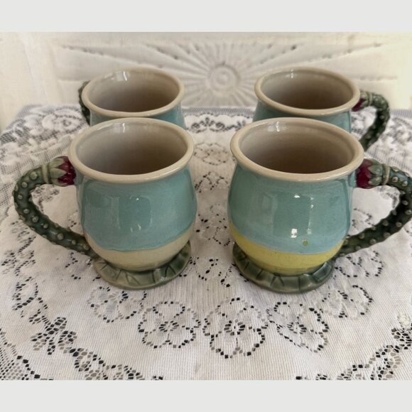 Vintage 80's Set 4 Majolica Pottery Mugs Cups Cactus blossom Handle - Picture 1 of 13